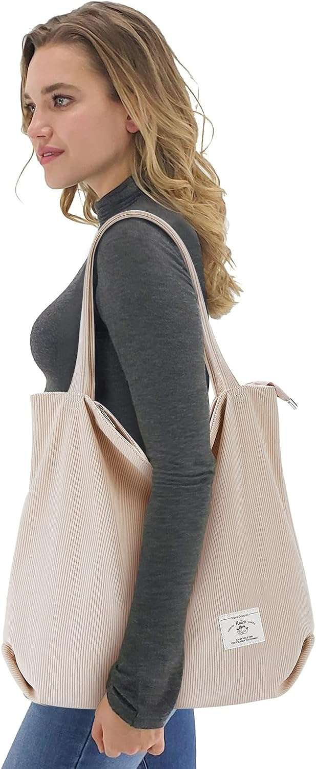 KALIDI Women Corduroy Tote Bag Zipper Casual Tote's Handbag Big Capacity Shoulder Bag with Pockets - TropiGlobe storeTropiGlobe