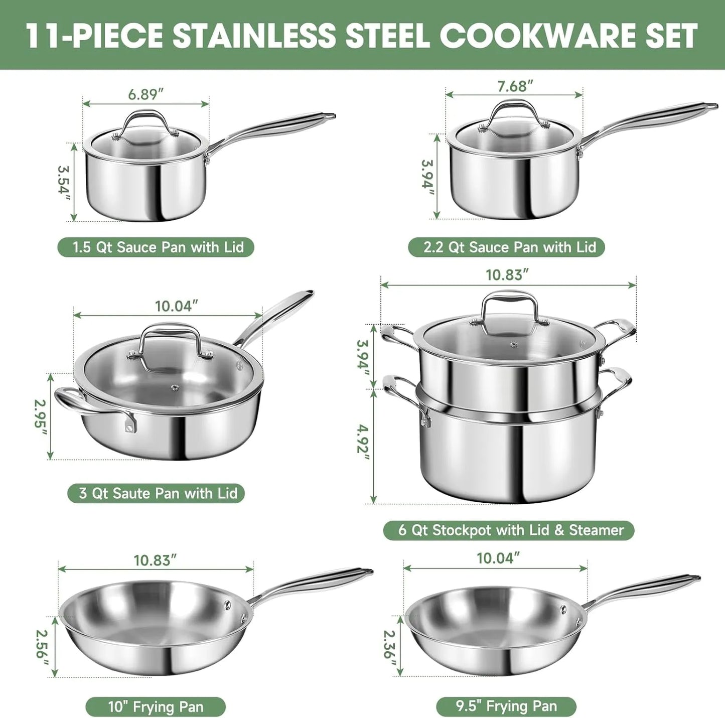 3 Ply Stainless Steel 11-Piece Cookware Set with Lids, Pots and Pans Kitchen Set, Non-Toxic, Induction, Oven, Dishwasher Safe, Professional Chef Quality - TropiGlobe storeTropiGlobe