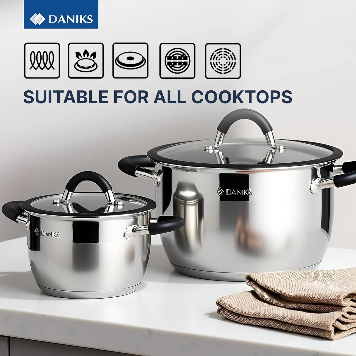 Daniks Orlando 11-Piece Stainless Steel Induction Cookware Set – Dishwasher Safe Saucepan, Frying Pan, Pots with Heatproof Handles, Glass Lids, Measuring Scale, Silver - TropiGlobe storeTropiGlobe