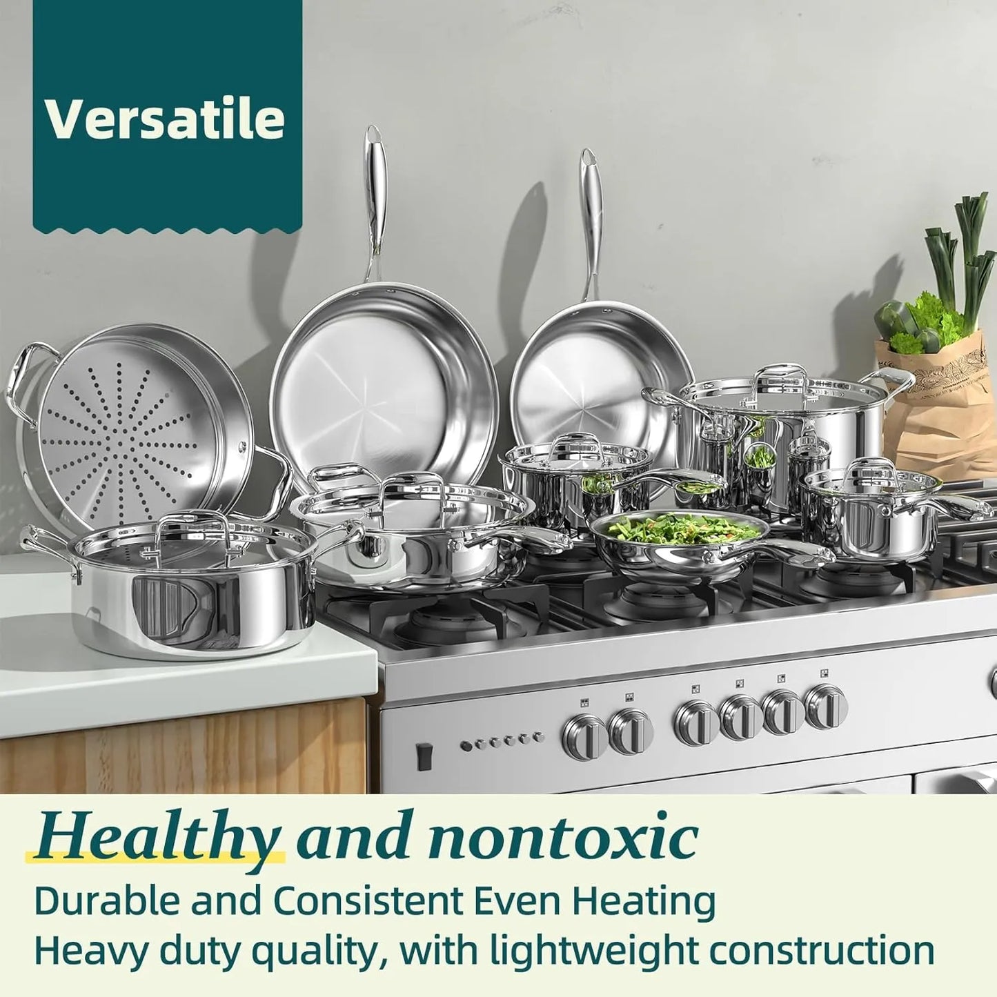 Umite Chef Stainless Steel Cookware Set, 5 Ply 14 Piece Stainless Steel Pot and Pan Set-Induction, Heavy Chef Quality, Oven Safe | Professional Kitchen Cooking Appliances, PFOA, PTFE & PFOS Free - TropiGlobe storeTropiGlobe