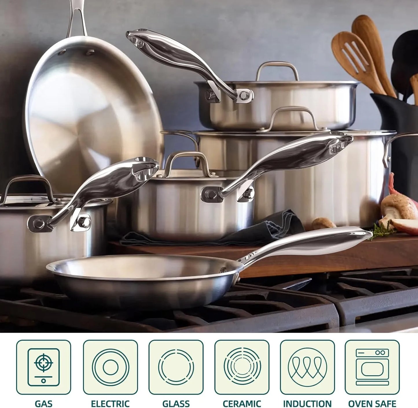 Umite Chef Stainless Steel Cookware Set, 5 Ply 14 Piece Stainless Steel Pot and Pan Set-Induction, Heavy Chef Quality, Oven Safe | Professional Kitchen Cooking Appliances, PFOA, PTFE & PFOS Free - TropiGlobe storeTropiGlobe