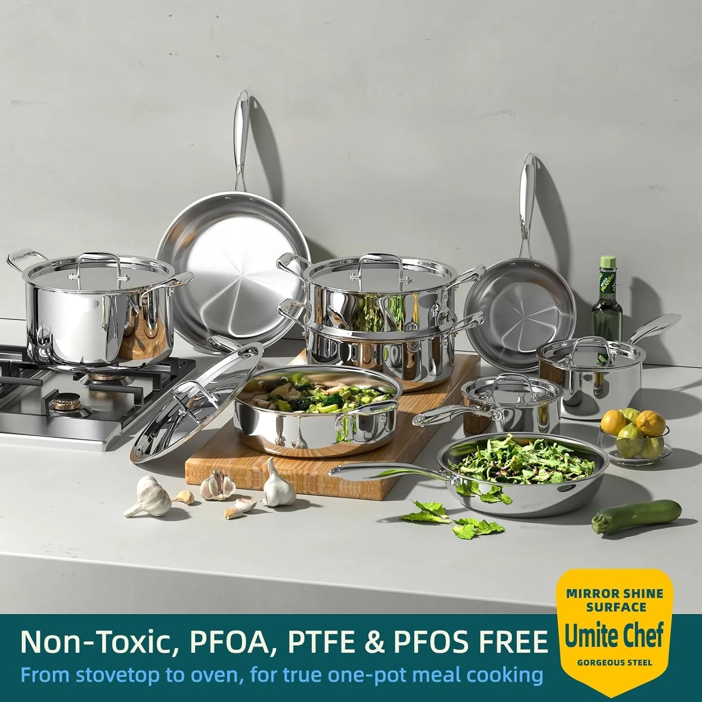 Umite Chef Stainless Steel Cookware Set, 5 Ply 14 Piece Stainless Steel Pot and Pan Set-Induction, Heavy Chef Quality, Oven Safe | Professional Kitchen Cooking Appliances, PFOA, PTFE & PFOS Free - TropiGlobe storeTropiGlobe