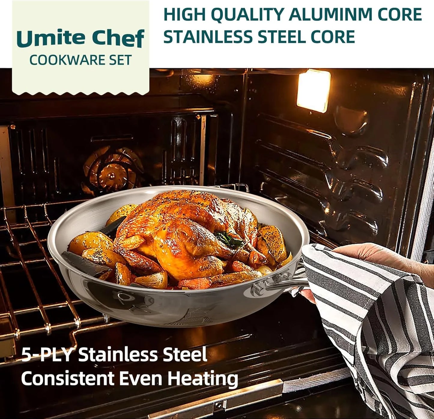 Umite Chef Stainless Steel Cookware Set, 5 Ply 14 Piece Stainless Steel Pot and Pan Set-Induction, Heavy Chef Quality, Oven Safe | Professional Kitchen Cooking Appliances, PFOA, PTFE & PFOS Free - TropiGlobe storeTropiGlobe