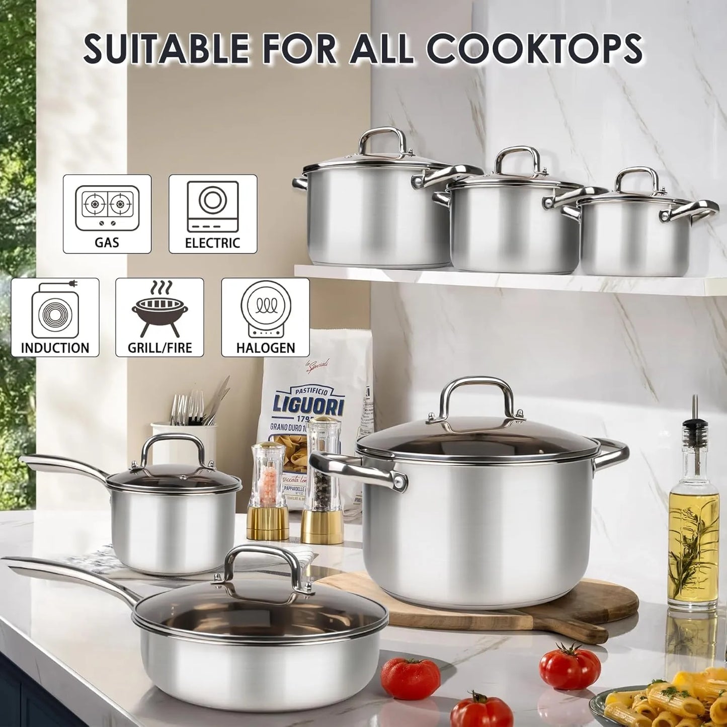 3-ply Stainless Steel Cookware Set, 12 Pcs Pots and Pans Set, Induction Compatible, Nestable and Space-Saving, Oven and Dishwasher Safe,Works with All Cooktops - TropiGlobe storeTropiGlobe