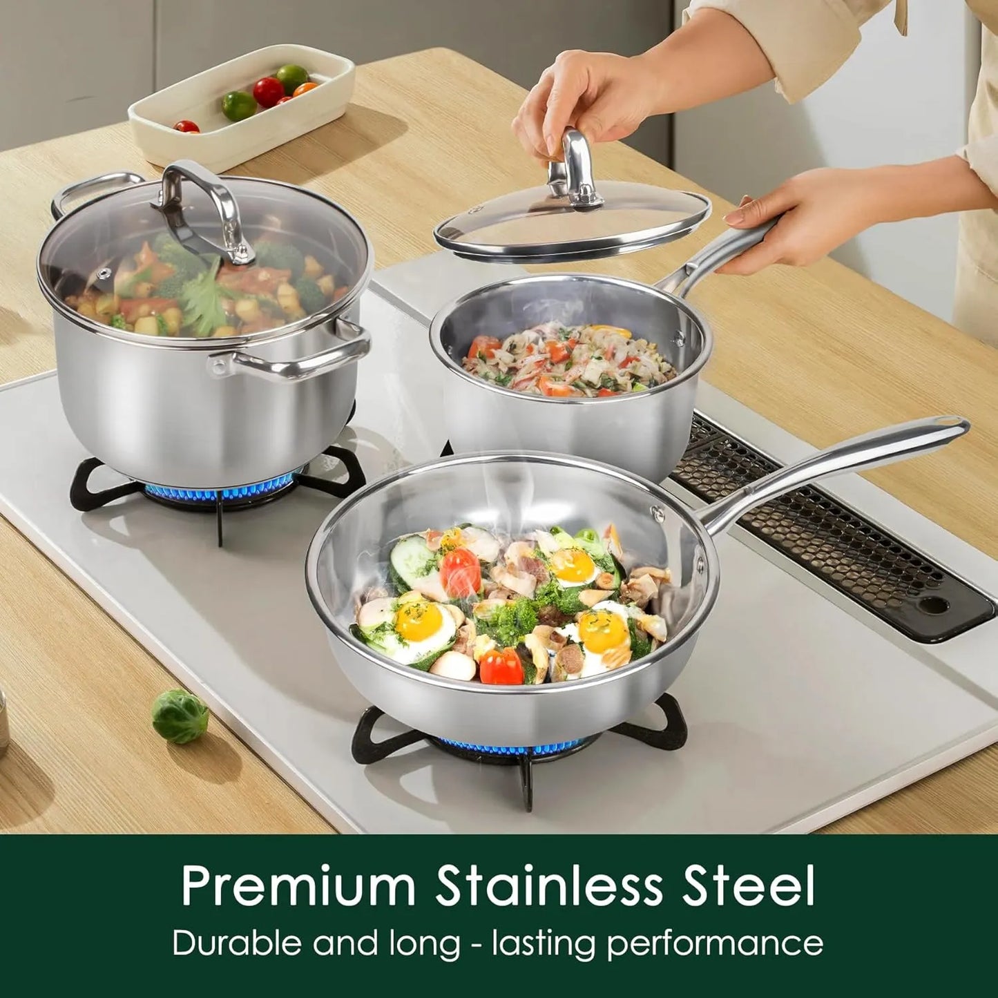 3-ply Stainless Steel Cookware Set, 12 Pcs Pots and Pans Set, Induction Compatible, Nestable and Space-Saving, Oven and Dishwasher Safe,Works with All Cooktops - TropiGlobe storeTropiGlobe
