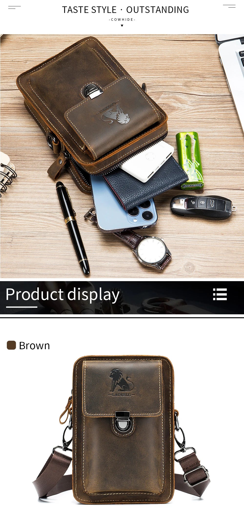 Crazy Horse Skin Men's Wearing Belt Phone Waist Bag Top Layer Cowhide Multi functional Single Shoulder Crossbody Phone Bag