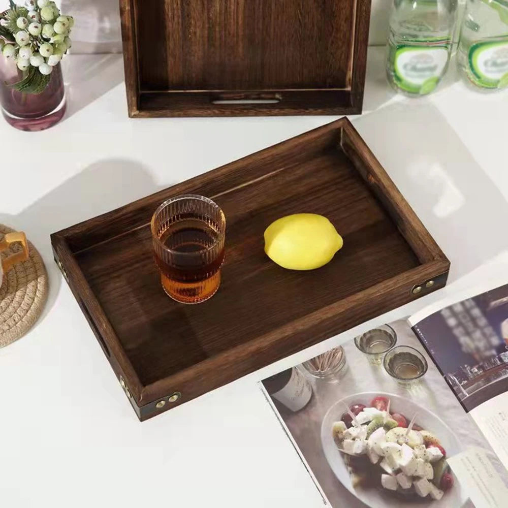 Wooden Rectangular Tea Tray Handmade Classic Wooden Dessert Candy Tea Tray Dinner With Handles Kitchen Decorative Wood Plate