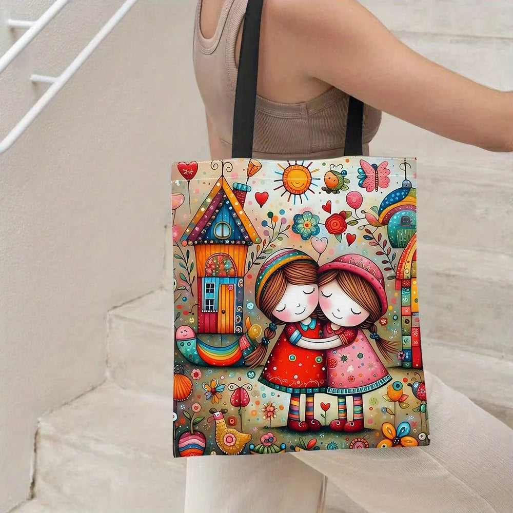 Whimsical Fairy-Tale World Print Tote Bag - Vibrant Mixed Colors, Reusable Foldable Shopping Bag with Fixed Shoulder Straps