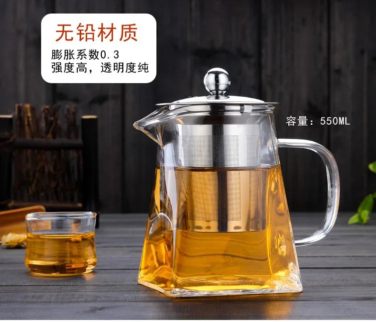 Heat Resistant Glass Teapot With Stainless Steel Coffee Infuser Heated Container Tea Pot Good Clear Kettle Square Filter Baskets