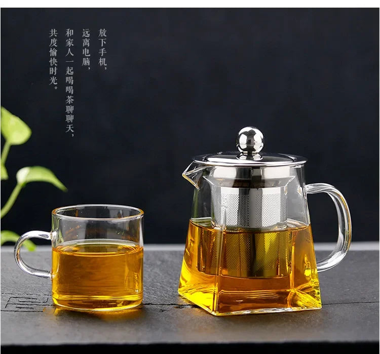 Heat Resistant Glass Teapot With Stainless Steel Coffee Infuser Heated Container Tea Pot Good Clear Kettle Square Filter Baskets