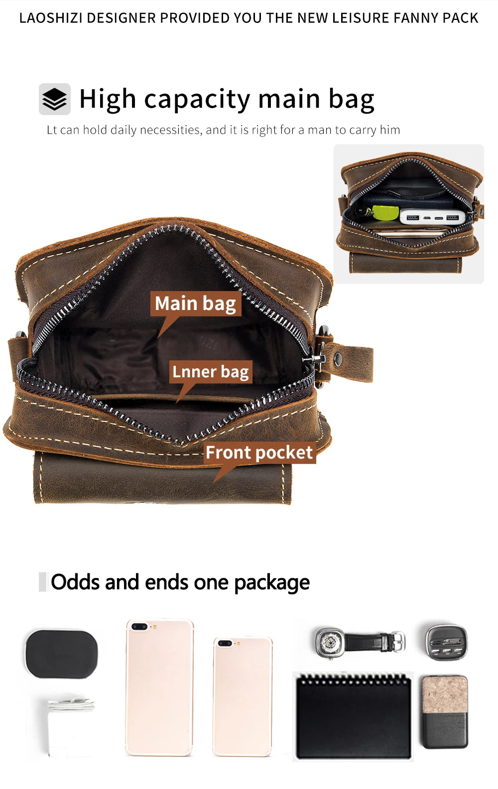 Crazy Horse Skin Men's Wearing Belt Phone Waist Bag Top Layer Cowhide Multi functional Single Shoulder Crossbody Phone Bag