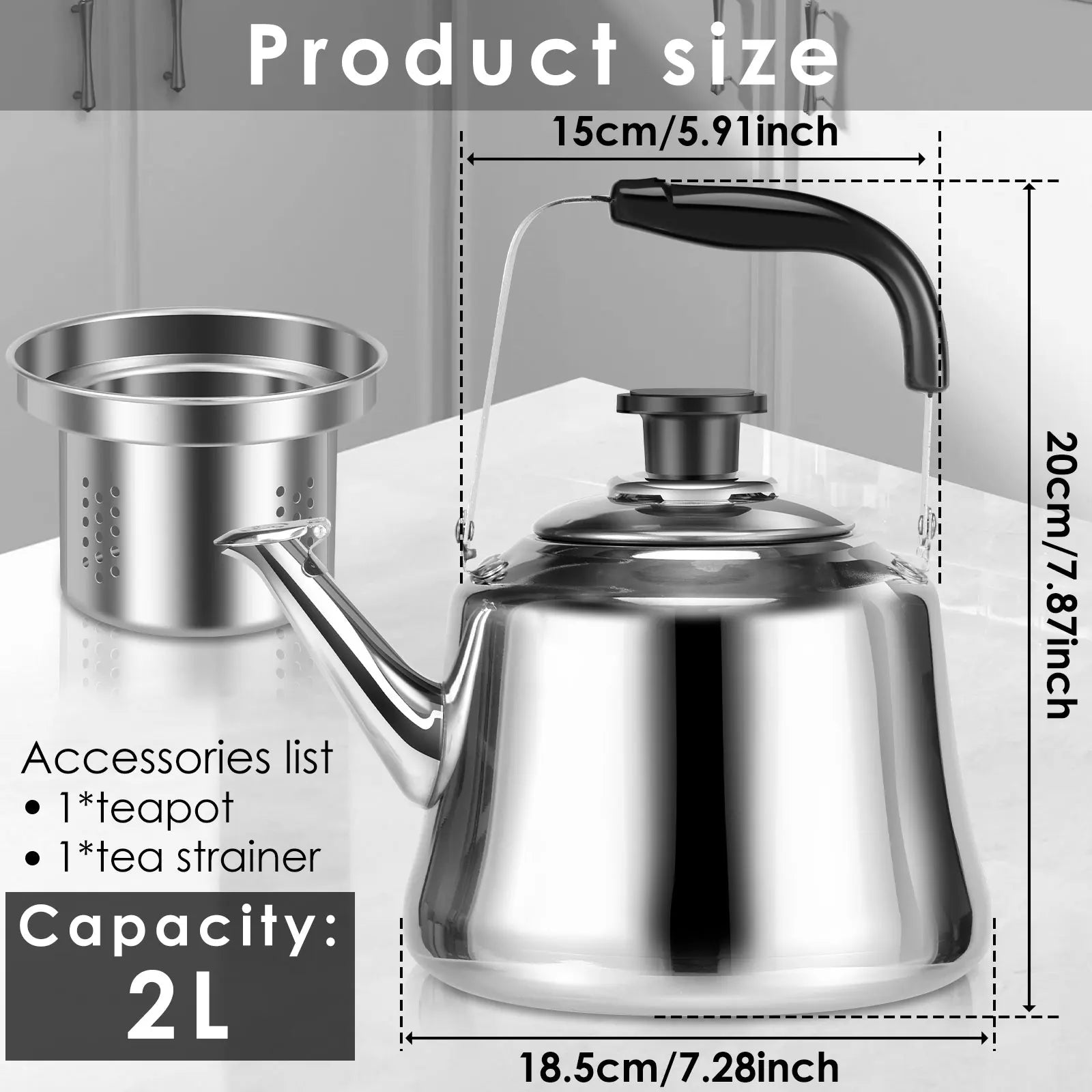 Stainless steel 2L teapot stove sturdy and durable with dust cover whistling teapot easy to clean with Ergonomic Handle