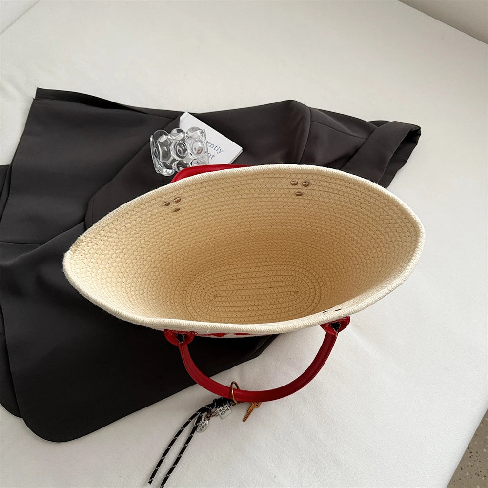 Simple Fashion Big Tote Bags For Women Cotton Fabric Woven Design Letter Embroidered  Luxury Large Capacity Shopper Shoulder Bag