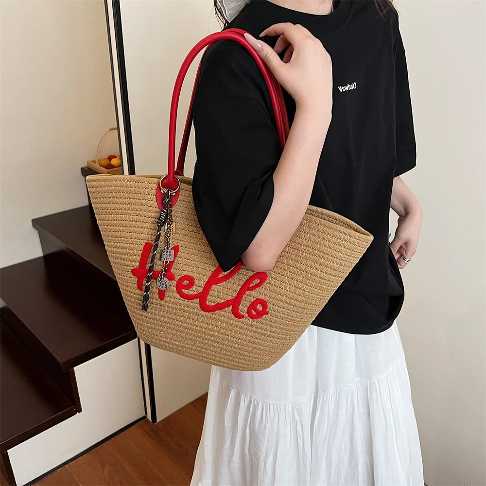Simple Fashion Big Tote Bags For Women Cotton Fabric Woven Design Letter Embroidered  Luxury Large Capacity Shopper Shoulder Bag