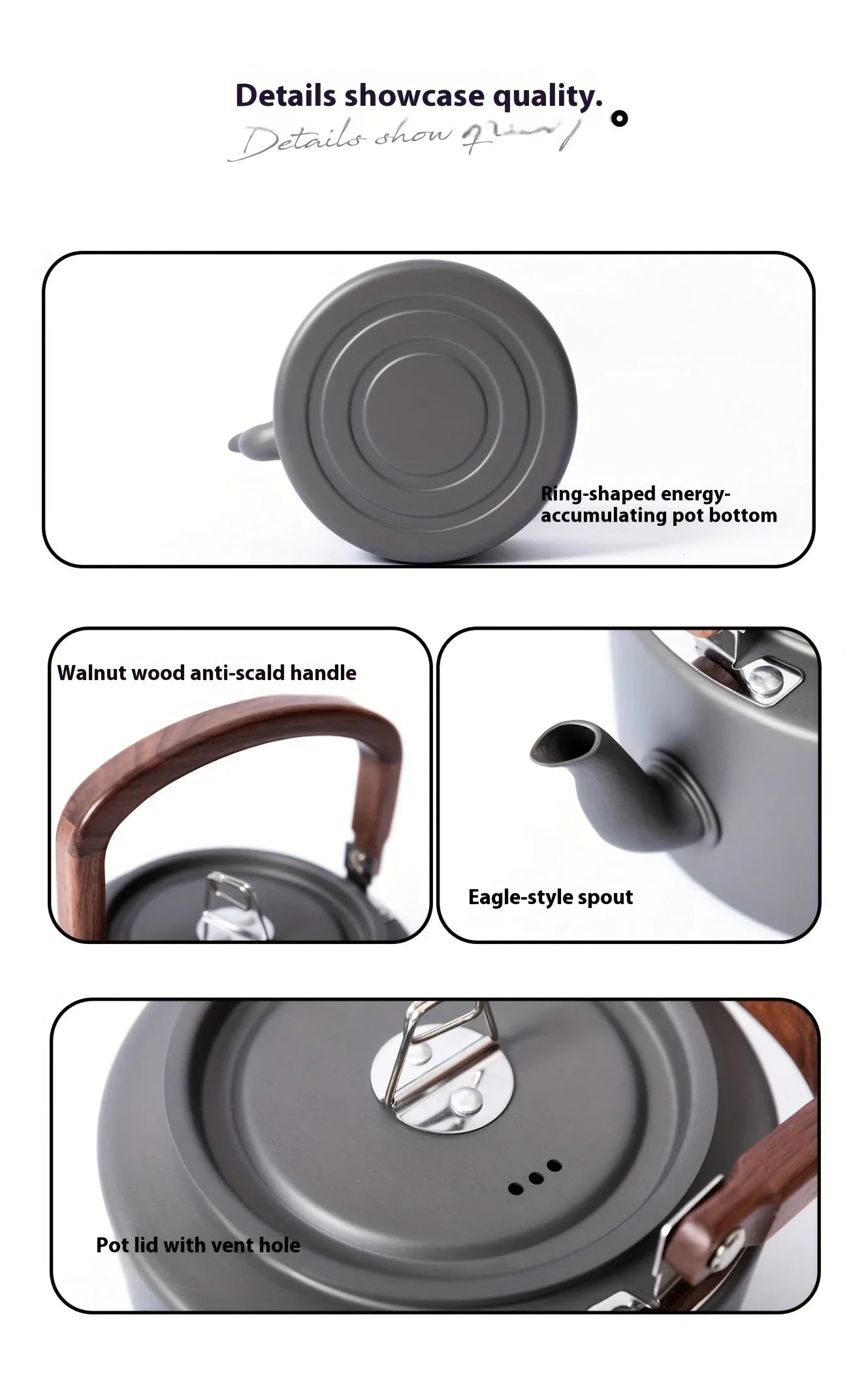 Camping Tea Kettle - Aluminum Alloy Construction, Wooden Handle, Portable Outdoor Kettle for Camping, Hiking, Durable Cookware