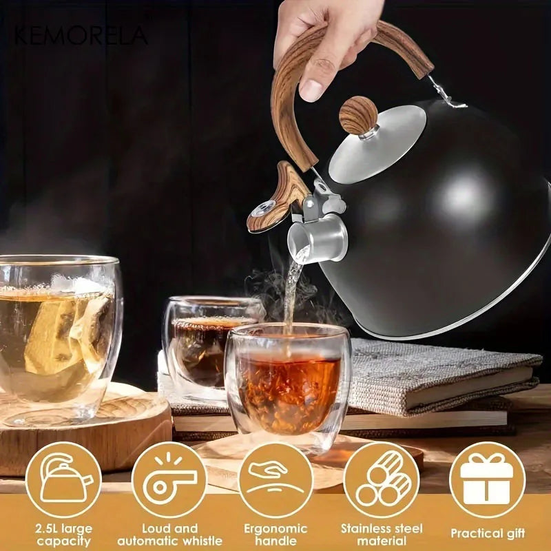 1PCS 2.5L Stainless Steel Whistle Kettle With Heat-Resistant Handle Thickened Outdoor Camping Kettle for Gas & Induction Cooker