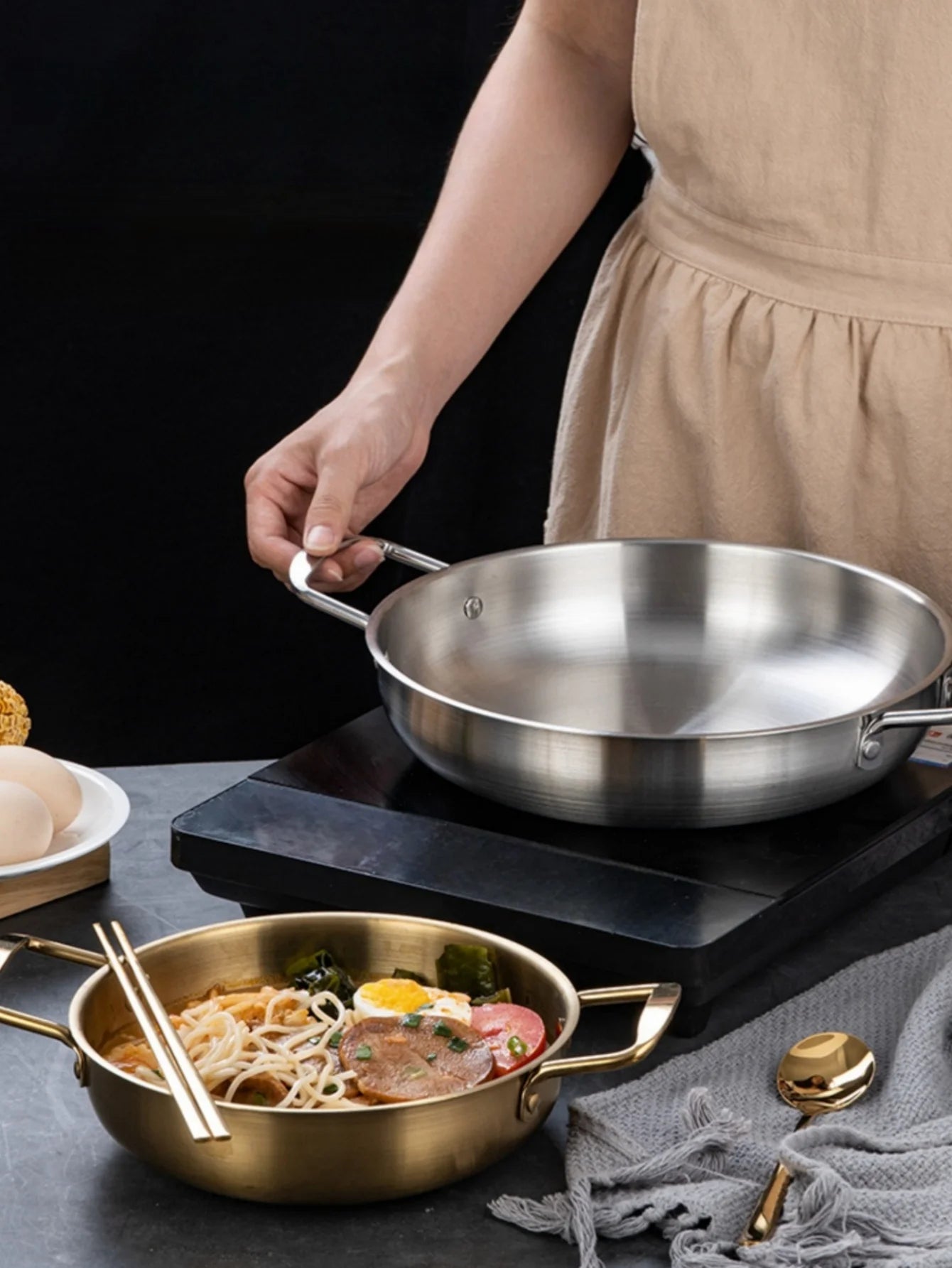 Stainless Steel Cookware Saucepan Dry Pots with Handle Home Cooking Paella Pan Seafood Rice Pot Picnic Snack Plates