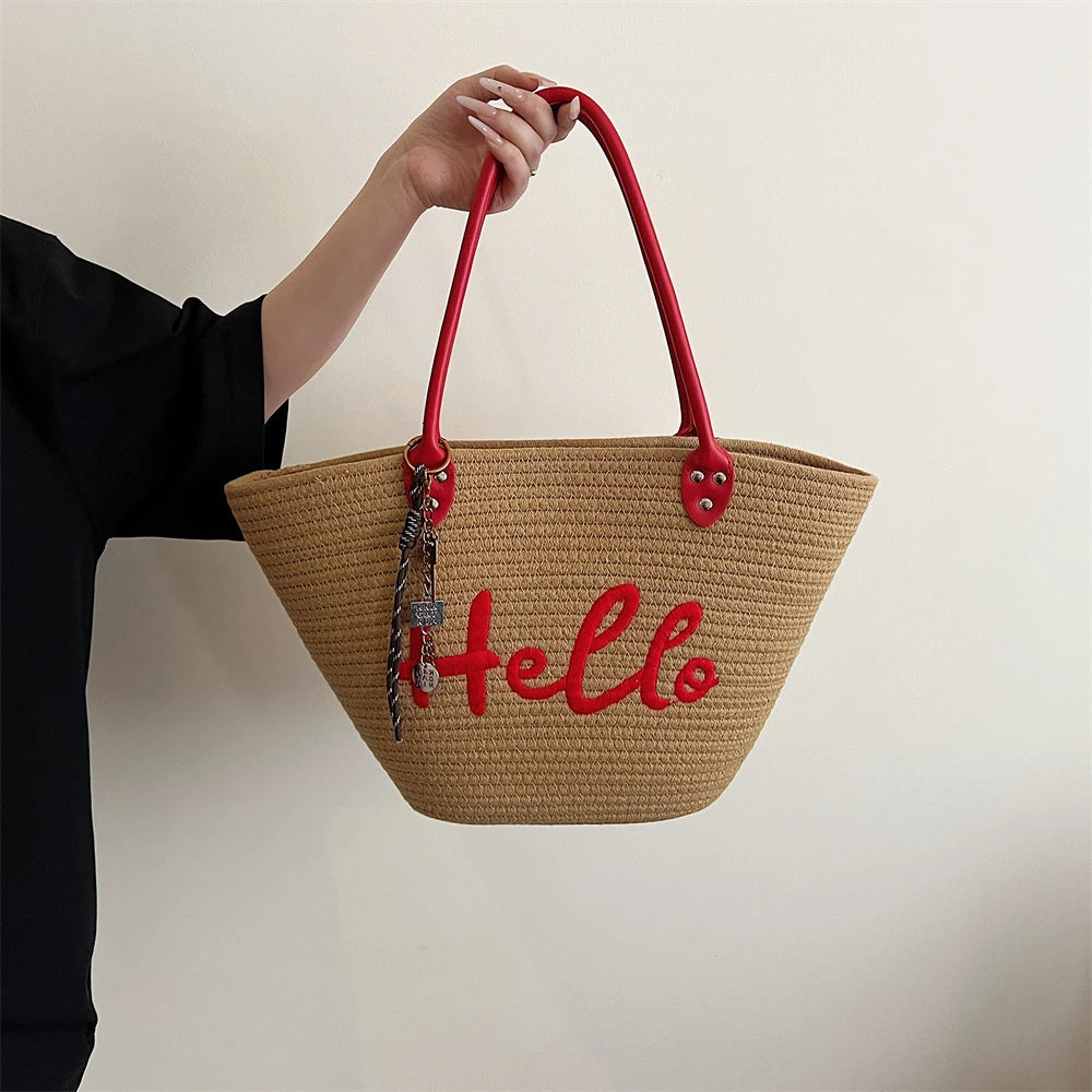 Simple Fashion Big Tote Bags For Women Cotton Fabric Woven Design Letter Embroidered  Luxury Large Capacity Shopper Shoulder Bag