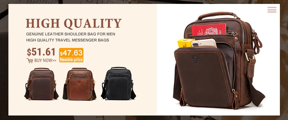 Genuine Leather Men's Shoulder Bag Luxury Work Business Messenger Bags Fashion Male Crossbody with Adjustable Straps