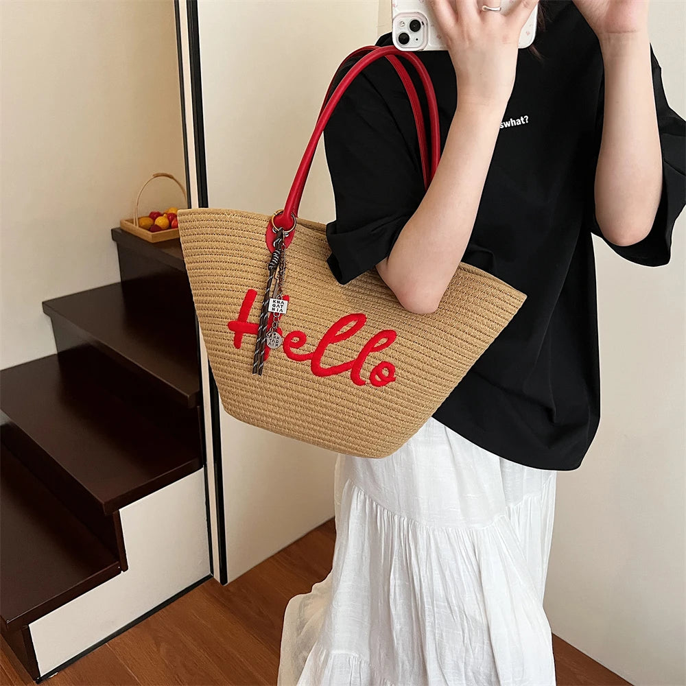 Simple Fashion Big Tote Bags For Women Cotton Fabric Woven Design Letter Embroidered  Luxury Large Capacity Shopper Shoulder Bag
