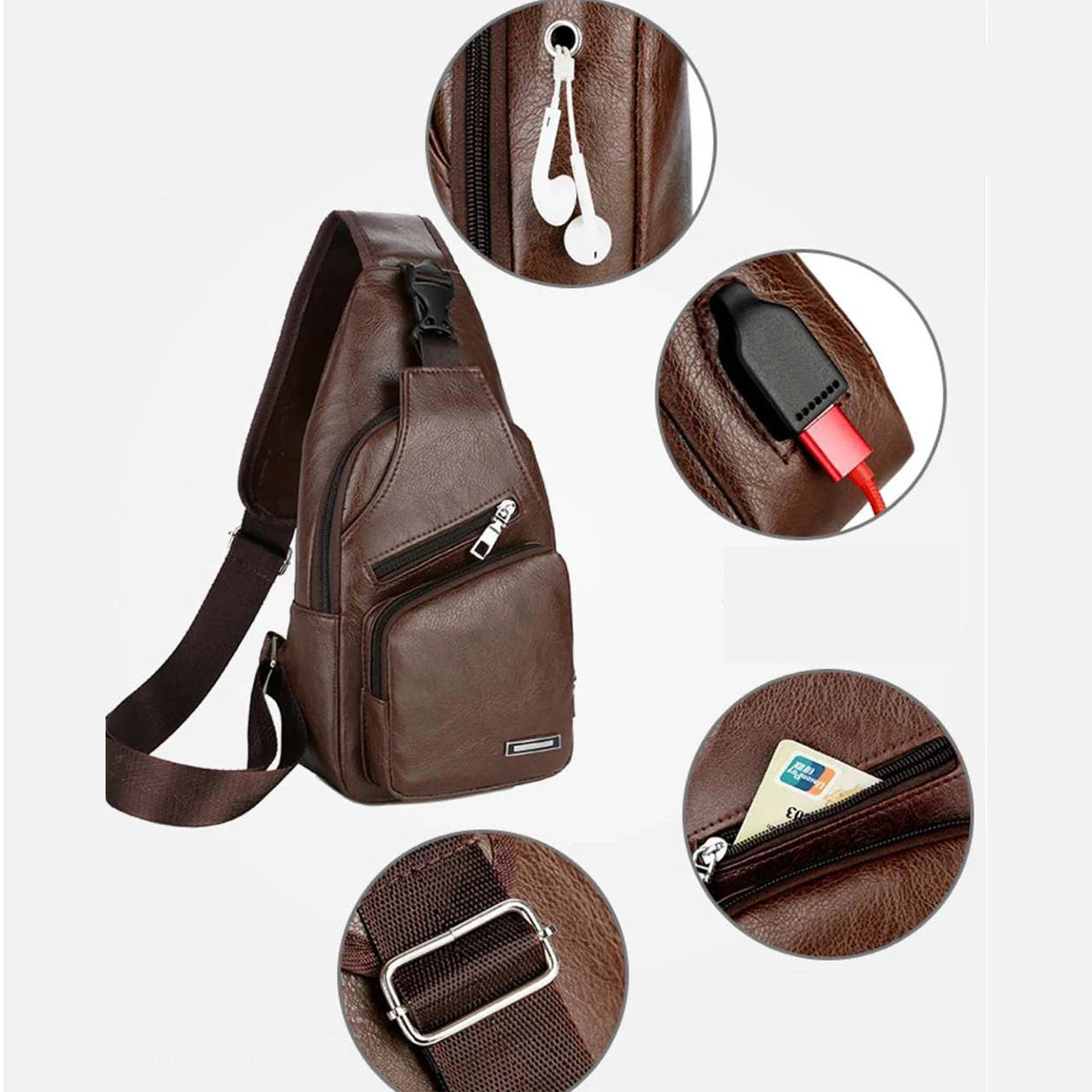 Simple and Fashionable Casual Solid Color PU Multifunctional USB Charging Zipper MEN'S Chest Bag Crossbody Bag for Commuting