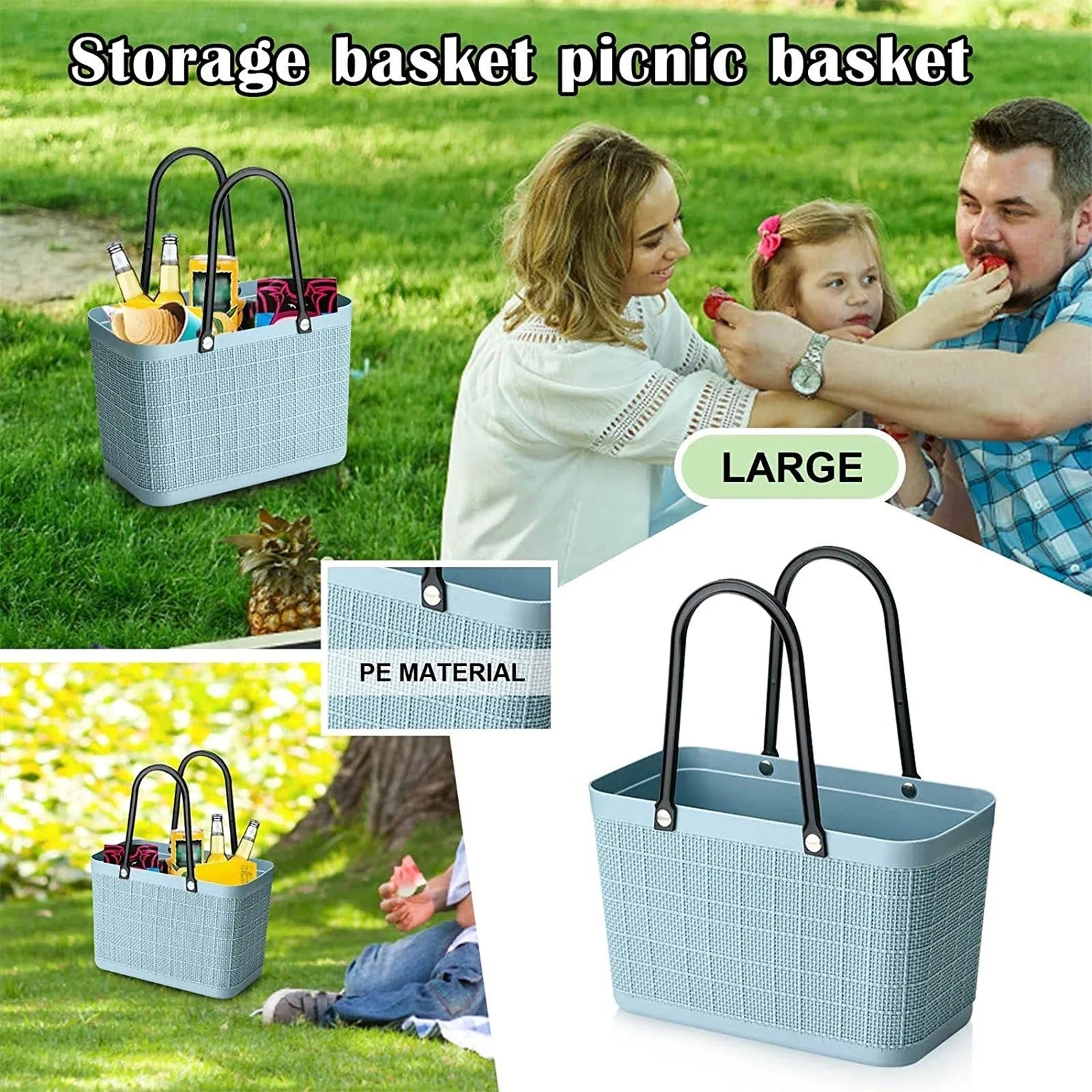 Portable Picnic Tote Shopping Bag Large Capacity  Bag, Large Plastic Utility Basket,Washable Beach Travel Handbag Storage Bags