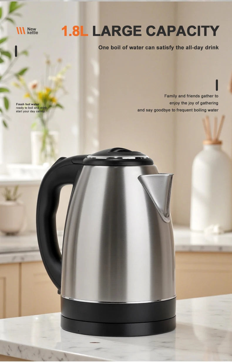 Stainless Steel Electric Kettle 1.8L 220V Silver Black Base Separation Desion Rust-resistant Durable for Home During Travel