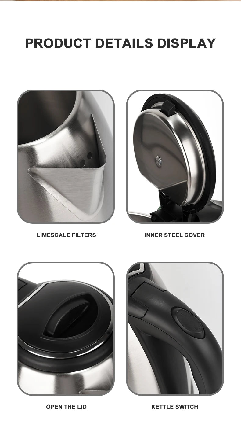 Stainless Steel Electric Kettle 1.8L 220V Silver Black Base Separation Desion Rust-resistant Durable for Home During Travel