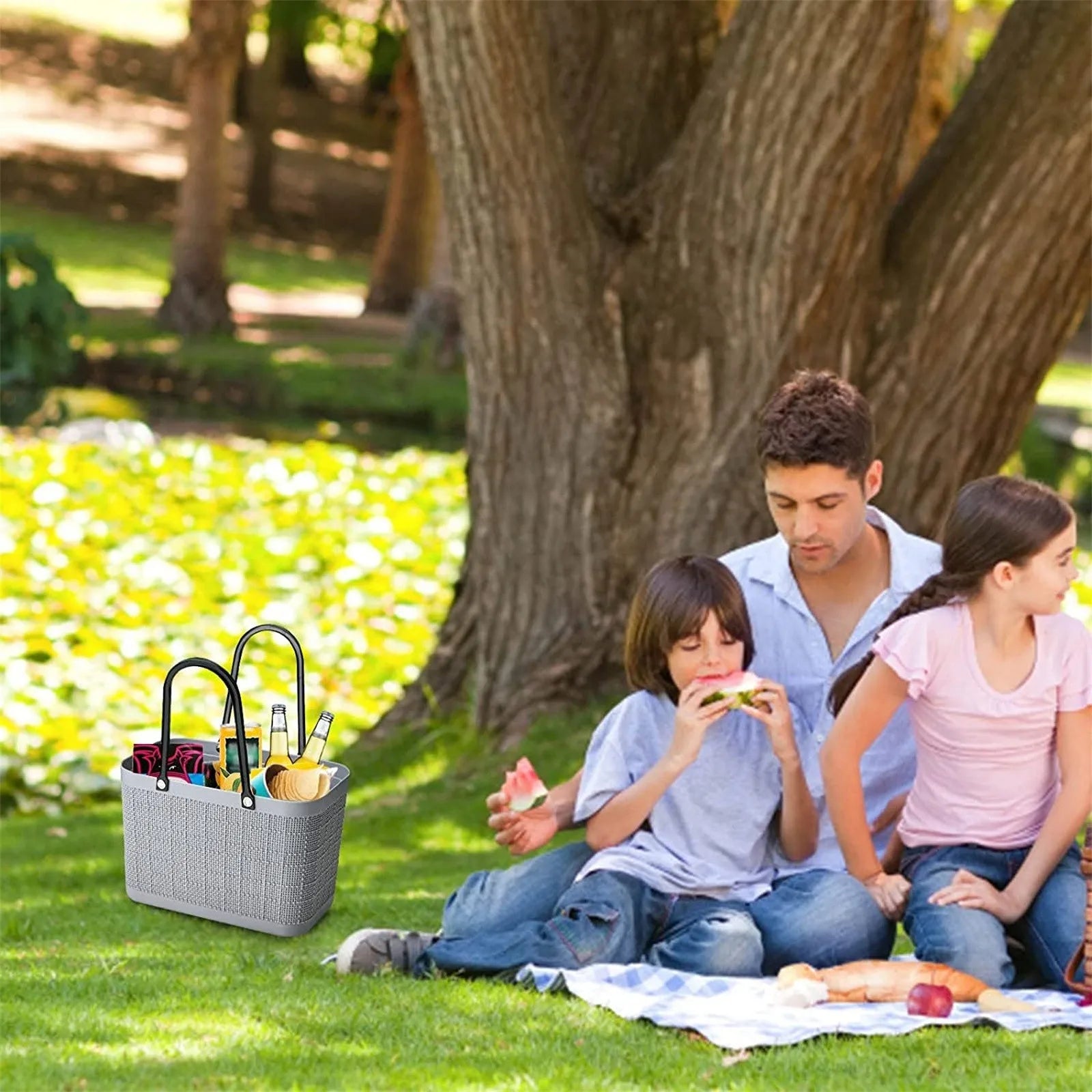 Portable Picnic Tote Shopping Bag Large Capacity  Bag, Large Plastic Utility Basket,Washable Beach Travel Handbag Storage Bags