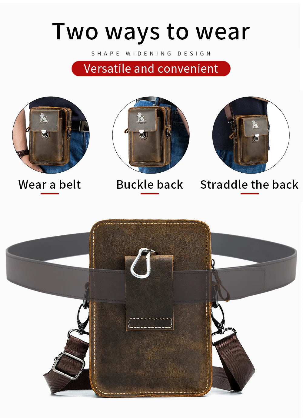 Crazy Horse Skin Men's Wearing Belt Phone Waist Bag Top Layer Cowhide Multi functional Single Shoulder Crossbody Phone Bag