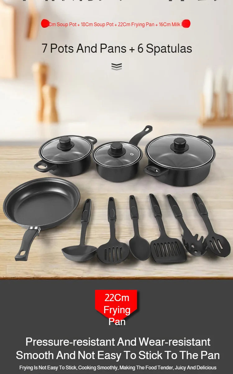 13 Piece Cookware Set Milk Pot Soup Pot Flat Bottomed Small Frying Pan with Lid And Shovel Kitchenware Set for Cooking pots Set