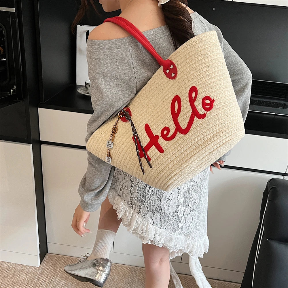 Simple Fashion Big Tote Bags For Women Cotton Fabric Woven Design Letter Embroidered  Luxury Large Capacity Shopper Shoulder Bag