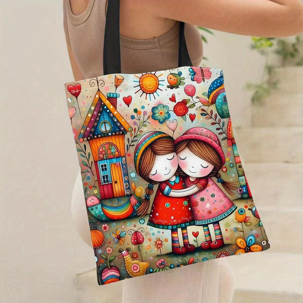 Whimsical Fairy-Tale World Print Tote Bag - Vibrant Mixed Colors, Reusable Foldable Shopping Bag with Fixed Shoulder Straps