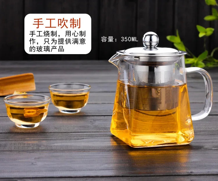 Heat Resistant Glass Teapot With Stainless Steel Coffee Infuser Heated Container Tea Pot Good Clear Kettle Square Filter Baskets