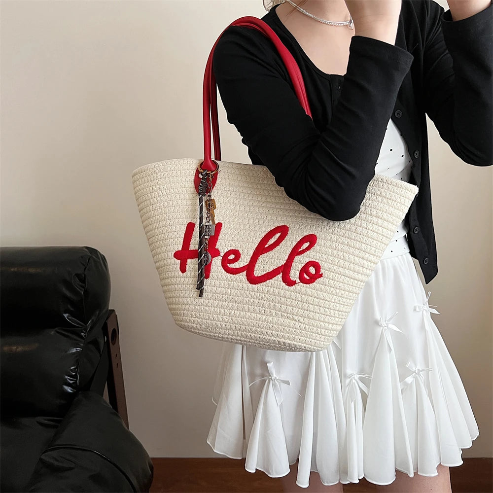 Simple Fashion Big Tote Bags For Women Cotton Fabric Woven Design Letter Embroidered  Luxury Large Capacity Shopper Shoulder Bag