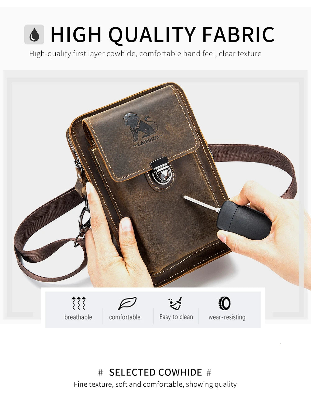 Crazy Horse Skin Men's Wearing Belt Phone Waist Bag Top Layer Cowhide Multi functional Single Shoulder Crossbody Phone Bag