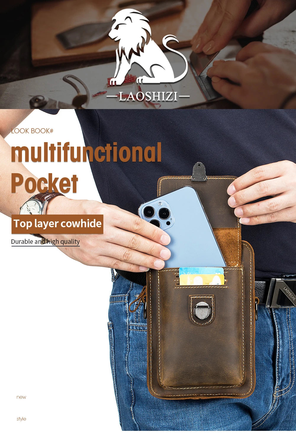 Crazy Horse Skin Men's Wearing Belt Phone Waist Bag Top Layer Cowhide Multi functional Single Shoulder Crossbody Phone Bag