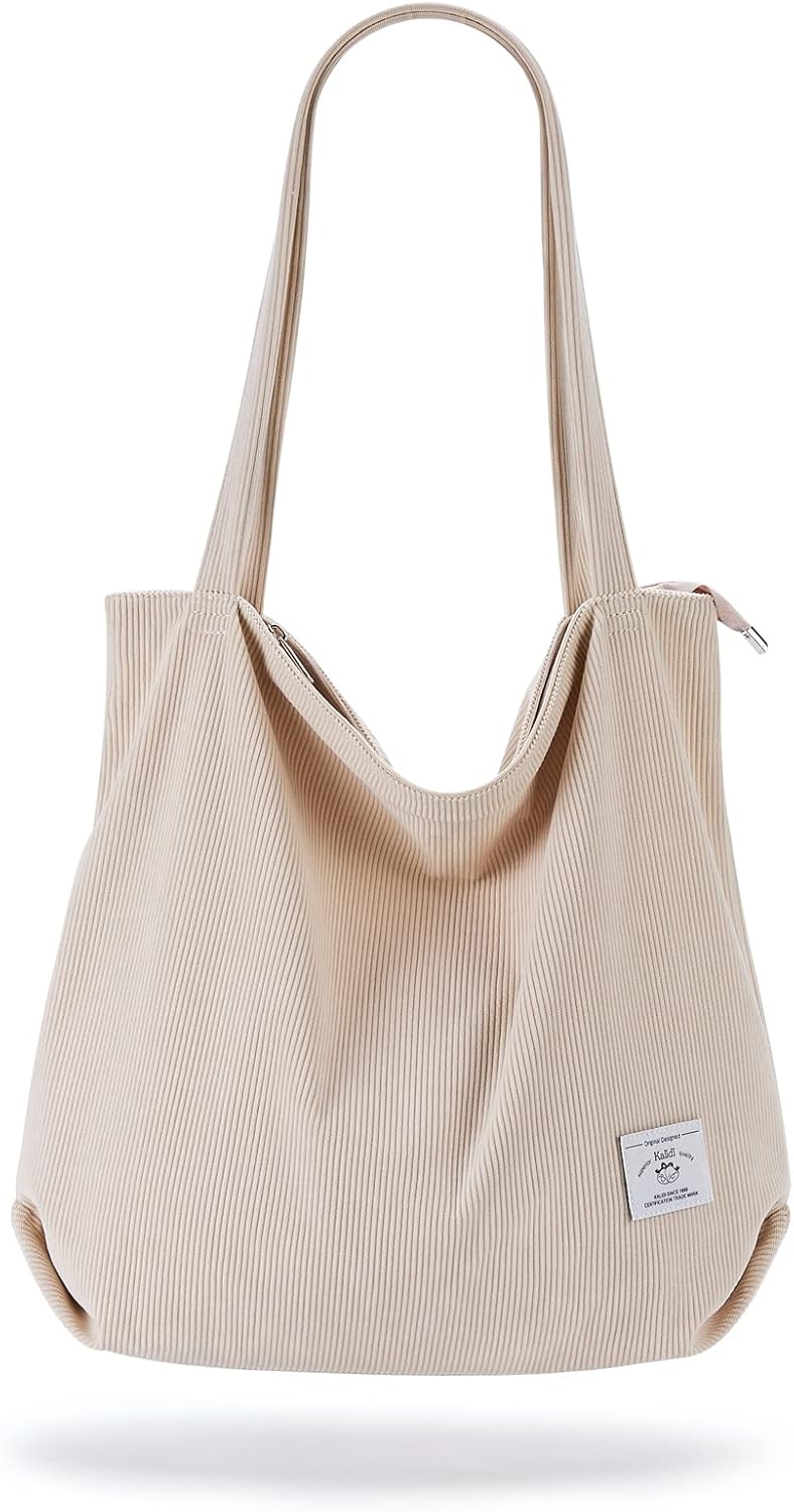 KALIDI Women Corduroy Tote Bag Zipper Casual Tote's Handbag Big Capacity Shoulder Bag with Pockets - TropiGlobe storeTropiGlobe