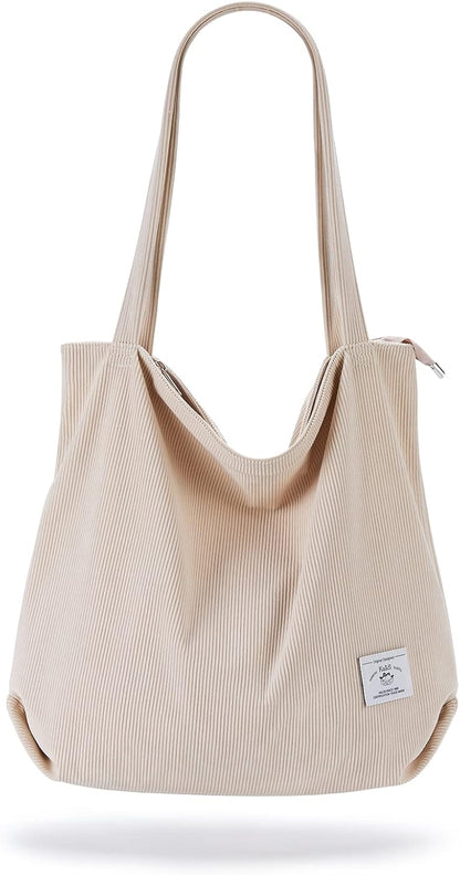 KALIDI Women Corduroy Tote Bag Zipper Casual Tote's Handbag Big Capacity Shoulder Bag with Pockets - TropiGlobe storeTropiGlobe