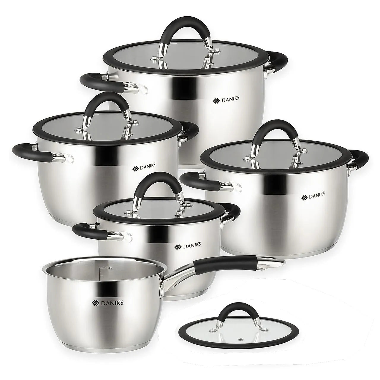 Daniks Orlando 11-Piece Stainless Steel Induction Cookware Set – Dishwasher Safe Saucepan, Frying Pan, Pots with Heatproof Handles, Glass Lids, Measuring Scale, Silver - TropiGlobe storeTropiGlobe