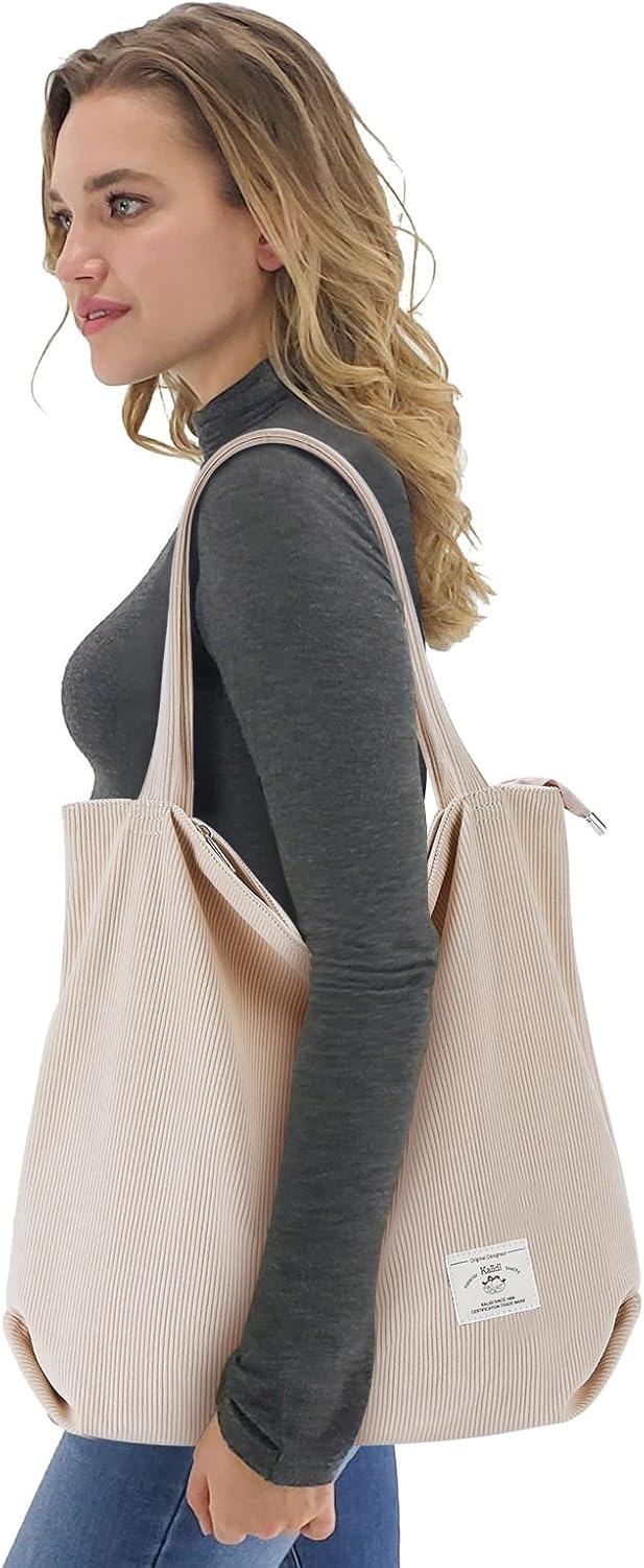 KALIDI Women Corduroy Tote Bag Zipper Casual Tote's Handbag Big Capacity Shoulder Bag with Pockets - TropiGlobe storeTropiGlobe