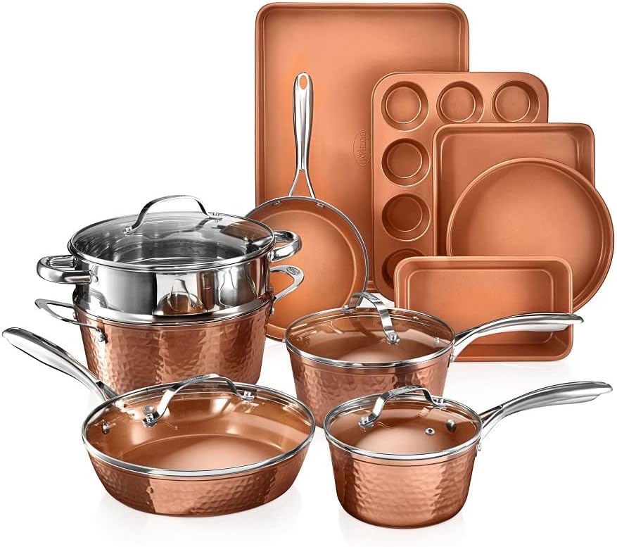 Gotham Steel Hammered 15 Pc Ceramic Cookware Set Nonstick, Deep Copper Pots and Pans Set Non Stick with Bakeware & Deep Fry Pan, Non Toxic PFOA PFOS Free, Induction Oven and Dishwasher Safe - TropiGlobe storeTropiGlobe