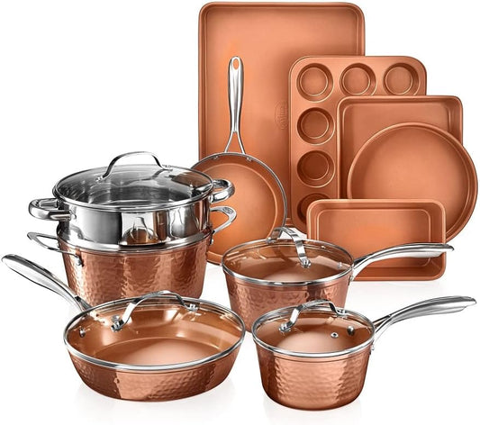 Gotham Steel Hammered 15 Pc Ceramic Cookware Set Nonstick, Deep Copper Pots and Pans Set Non Stick with Bakeware & Deep Fry Pan, Non Toxic PFOA PFOS Free, Induction Oven and Dishwasher Safe - TropiGlobe storeTropiGlobe