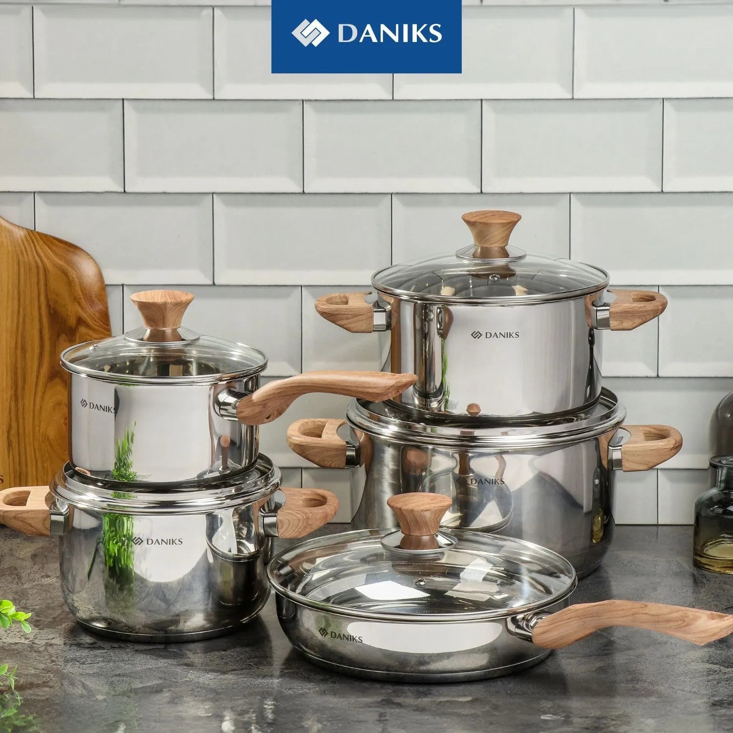 Daniks Oslo 10-Piece Stainless Steel Induction Cookware Set – Dishwasher Safe Saucepan, Frying Pan, Pots with Stay-Cool Handles, Glass Lids, Silver - TropiGlobe storeTropiGlobe