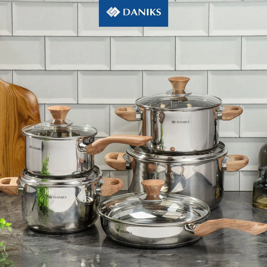 Daniks Oslo 10-Piece Stainless Steel Induction Cookware Set – Dishwasher Safe Saucepan, Frying Pan, Pots with Stay-Cool Handles, Glass Lids, Silver - TropiGlobe storeTropiGlobe