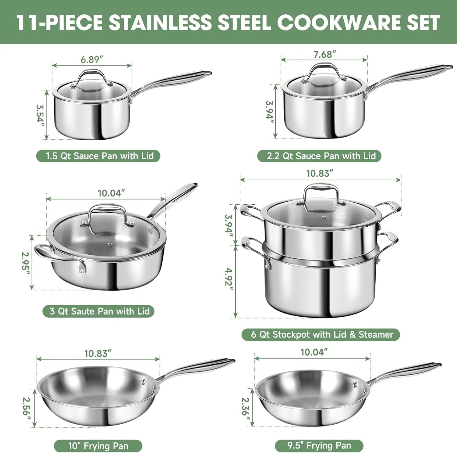 3 Ply Stainless Steel 11-Piece Cookware Set with Lids, Pots and Pans Kitchen Set, Non-Toxic, Induction, Oven, Dishwasher Safe, Professional Chef Quality - TropiGlobe storeTropiGlobe