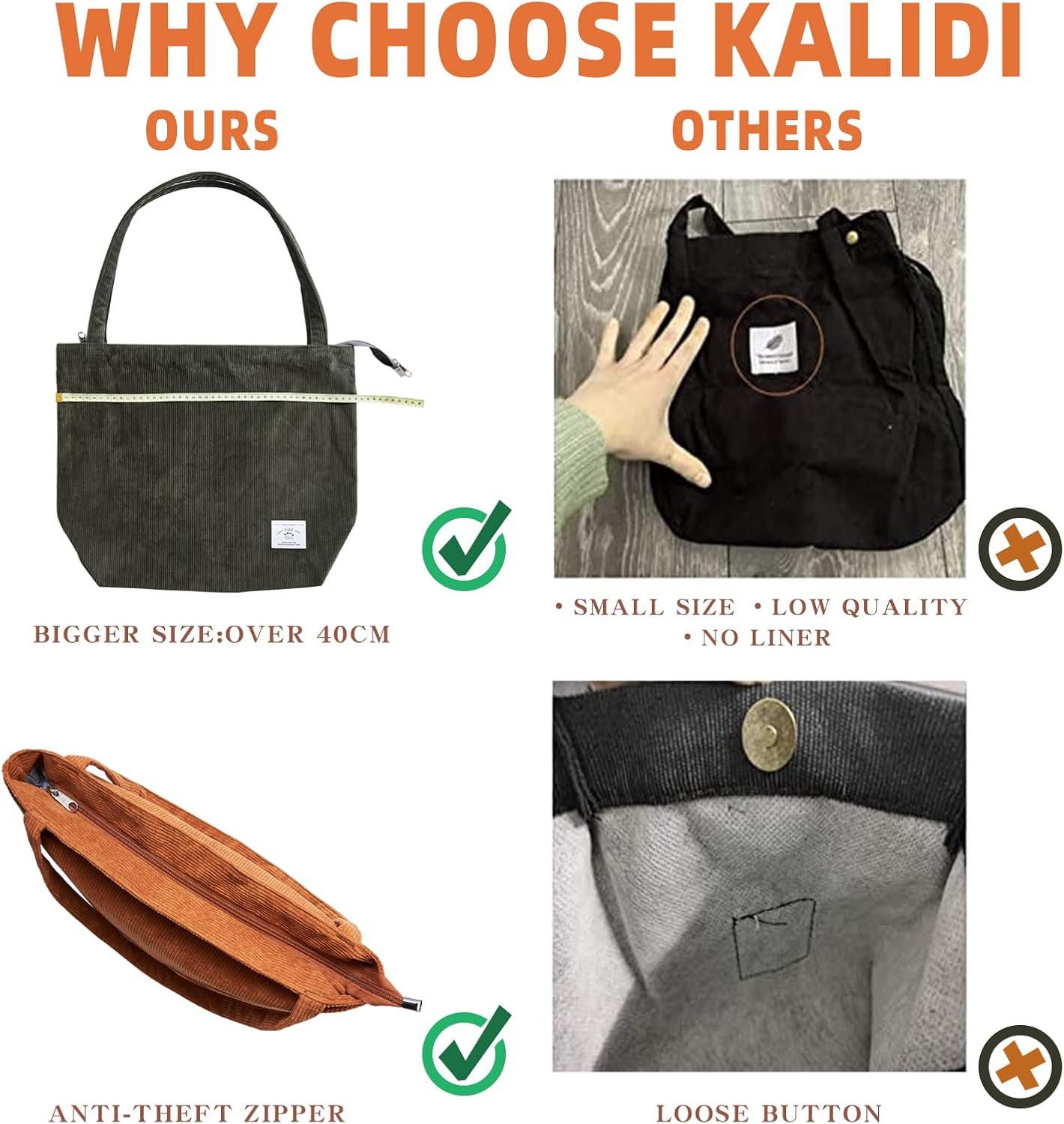 KALIDI Women Corduroy Tote Bag Zipper Casual Tote's Handbag Big Capacity Shoulder Bag with Pockets - TropiGlobe storeTropiGlobe