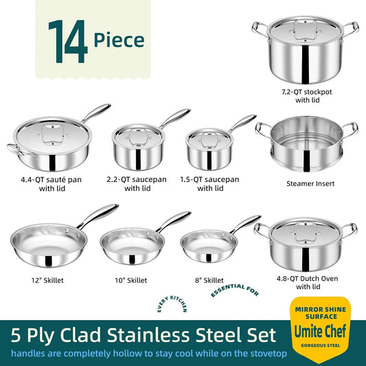 Umite Chef Stainless Steel Cookware Set, 5 Ply 14 Piece Stainless Steel Pot and Pan Set-Induction, Heavy Chef Quality, Oven Safe | Professional Kitchen Cooking Appliances, PFOA, PTFE & PFOS Free - TropiGlobe storeTropiGlobe