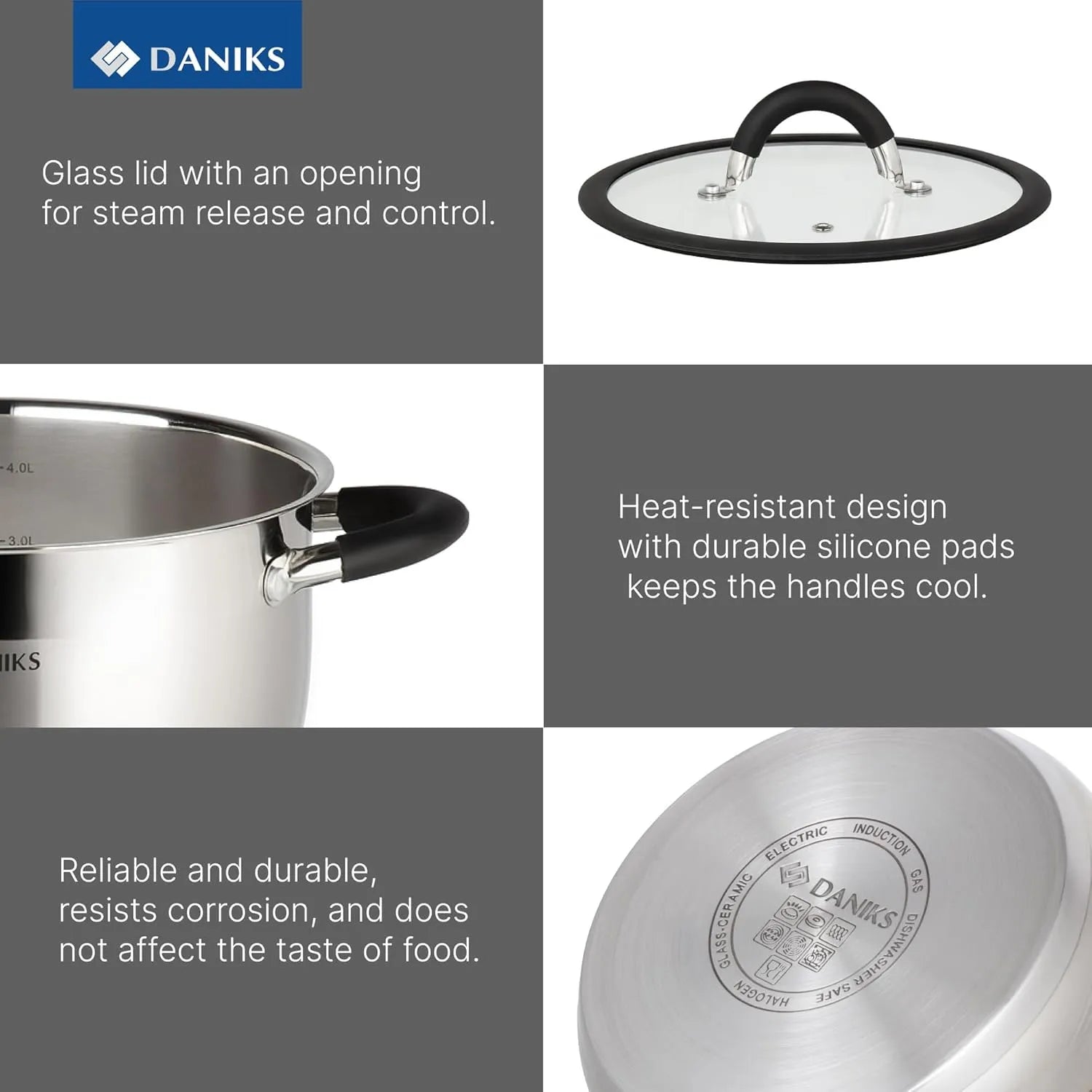 Daniks Orlando 11-Piece Stainless Steel Induction Cookware Set – Dishwasher Safe Saucepan, Frying Pan, Pots with Heatproof Handles, Glass Lids, Measuring Scale, Silver - TropiGlobe storeTropiGlobe