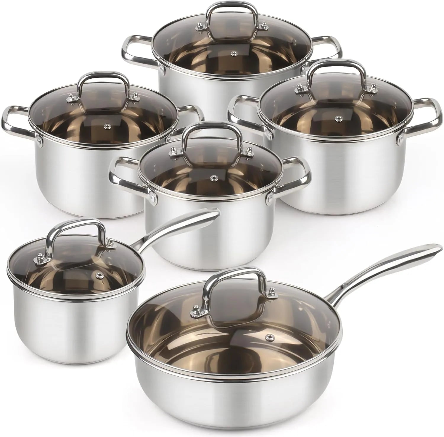 3-ply Stainless Steel Cookware Set, 12 Pcs Pots and Pans Set, Induction Compatible, Nestable and Space-Saving, Oven and Dishwasher Safe，Works with All Cooktops - TropiGlobe storeTropiGlobe